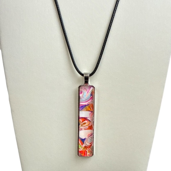 Handmade Abstract Fluid Art Bar Necklace Pink Orange White by Svetlana Yeung - Picture 4 of 9